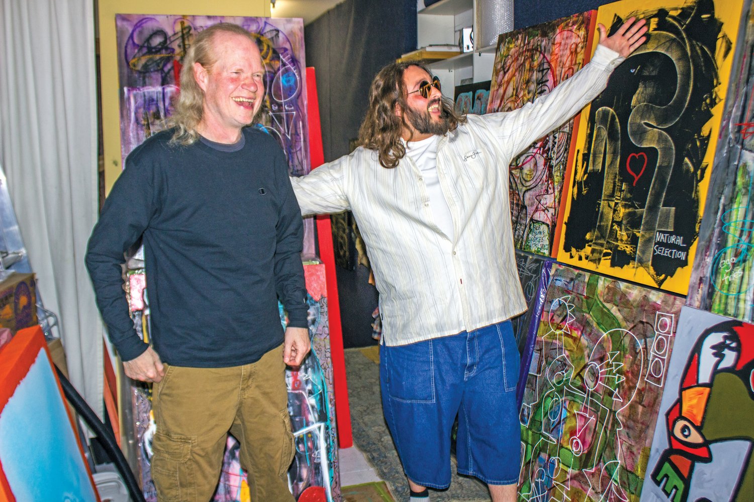 Painter Milo Redwood, left, and hip hop performer/producer Wyeth “B” Barclay, are crossing the generational streams to introduce Milo’s contemporary art to the world.